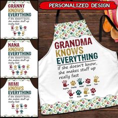 an apron with the words grandma knows everything on it