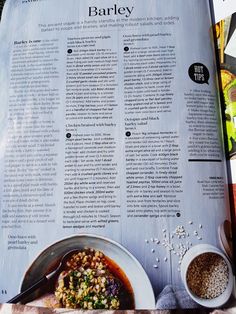 a recipe book with an image of barley and other foods in bowls next to it