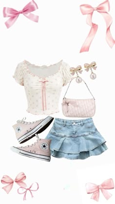 credits: Lolita Skirt Outfit School, School Outfit Inspiration, Dior Denim, Girly Girl Aesthetic, Denim Skirt Outfit, Fashion Coquette, Coquette Outfits, Bows Pink