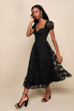 Notable Elegance Black Mesh Floral Applique Bustier Midi Dress Fall Tea Length Dresses, Black Wedding Guest Outfits, Mesh Floral Dress, Black Wedding Guest Dresses, Fall Wedding Guest Dresses, Fall Wedding Outfits, Dresses In Black, Bustier Midi Dress, Fall Wedding Guest