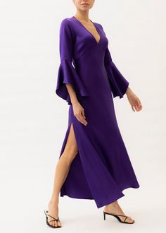 purple maxi dress Elegant Silk Dress With Satin Finish For Evening, Elegant Silk V-neck Gown, Elegant Purple V-neck Gown, Elegant Purple Maxi Dress For Formal Occasions, Elegant Purple Silk Evening Dress, Purple Silk Evening Dress, Silk Purple Evening Dress, Chic Silk Crepe Dress For Party, Silk Evening Dress With Satin Finish For Gala