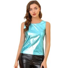 Stand out in the crowd with this metallic tank top, and add a sleek addition to your after-hours wardrobe. Cut to a sleeveless design, this piece is designed in a metallic finish, working well when layered under a leather jacket as you move from day to night. This tank topped with multiple colors is a good outfit for going to clubs and nightclubs, and it also catches the people's eyes in the crowd, which makes you more shinny. Shiny Stretch Summer Tops, Shiny Stretch Tops For Summer, Trendy Shiny Summer Tops, Shiny Disco Tops For Summer, Metallic Sleeveless Top For Spring, Metallic Sleeveless Trendy Top, Metallic Sleeveless Spring Top, Spring Disco Shiny Tops, Trendy Metallic Tops For Party Season