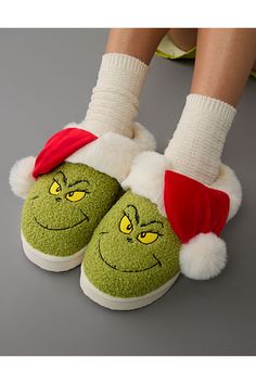 Soft & cozy/Slip-on style/Grinch with decorative hat design Fun Round Toe Winter Slippers, Fun Round Toe Slippers For Winter, Casual Christmas Slippers With Round Toe, Comfortable Green Winter Slippers, Comfortable Green Slippers For Winter, Green Casual Slippers For Winter, Grinch Apparel, Grinch Sweatpants, Grinch Clothing