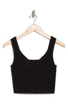 A ribbed texture distinguishes a softly knit sweater tank with an abbreviated hem for skin-baring appeal. 16" length (size Medium) Square neck Sleeveless 41% viscose, 34% polyester, 32% nylon, 3% spandex Machine wash, dry flat Imported Casual Fall Tops With Seamless Construction, Casual Seamless Tops For Fall, Black Ribbed Scoop Neck Tank Top, Black Ribbed Cotton Top, Black Ribbed Stretch Top, Black Ribbed Tops For Fall, Black Stretch Top With Ribbing, Black Stretch Tops With Ribbing, Black Tops With Ribbing And Stretch