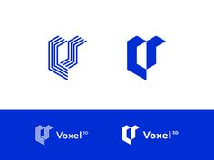 three different logos designed to look like the letter o and v, both in blue and white