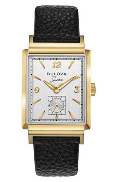 The polished caseback on this rectangular watch features the song title 'My Way' to celebrate the incomparable style of Frank Sinatra. His famous signature is displayed under the Bulova logo, and his iconic fedora hat is etched on the goldtone crown, while a textured leather strap completes this handsome, timeless look. 29.5mm case Deployant clasp closure Quartz movement Curved sapphire crystal face Stainless steel with goldtone plate/leather Imported Frank Sinatra My Way, Watches Cartier, Watches Rose Gold, Bulova Mens Watches, Gucci Watches, Watches Digital, Watches Casio, Mvmt Watches, Watches Diamond