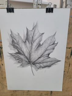 a drawing of a leaf is hanging on a easel in front of a wooden wall