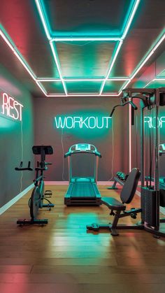 an exercise room with neon lights and treadmills