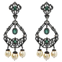 Emerald & Diamond Earrings with Pearl Drops Oxidized Silver & 14K gold. These earrings are crafted with meticulous attention to detail, blending classic and modern design for a timeless look. Their unique composition and durable construction make them a timeless accessory that will last for years to come. Emerald And Diamond Earrings, Antique Gold Earrings, Emerald Diamond Earrings, Unique Composition, Magnificent Century, S Jewelry, Jewel Box, Antique Diamond, Timeless Accessories