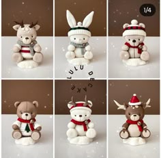 four different pictures of teddy bears with hats and scarves on their heads, sitting in front of the camera