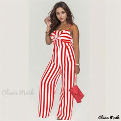 Olivia Mark - Professional Attire: Striped Camisole Jumpsuit with Broad Leg and Tie-up Detail in Standard Size Trendy Red Jumpsuits And Rompers For Summer, Trendy Red Jumpsuits For Summer, Chic Red Jumpsuits And Rompers For Summer, Red Jumpsuits And Rompers For Summer Day Out, Red Summer Beach Jumpsuits And Rompers, Red Summer Jumpsuits And Rompers For Beach, Red One-piece Jumpsuit For Spring, Red Summer Beach Jumpsuit, Chic Red Jumpsuits And Rompers For Vacation