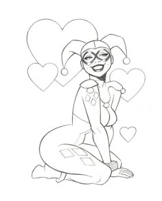 a drawing of a woman sitting on the ground with hearts around her face and hands behind her head