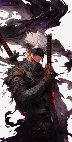 an anime character holding two swords in his hands and wearing black clothing with white hair