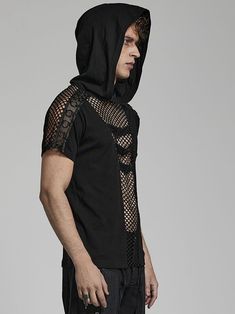 The price is for a top only, others are not included.  1. Mesh splicing elastic knitted fabric  2. Handsome hooded T-shirt  3. Charm mesh cutouts  4. Creative circle webbing on the shoulder, creating personalized punk.  5. Hollow and straps with zigzag buckle rich the design.  Garment Size   	 		 			Size 			S-M 			L-XL 			2XL-3XL 		 		 			Length 			68.5 			70.5 			72.5 		 		 			Bust 			100 			110 			120 		 		 			Waist 			98 			108 			118 		 		 			Shoulder Across 			45 			48 			51 		 		 			Sleeve Gothic Streetwear Tops For Summer, Rave Tops For Spring Streetwear, Spring Rave Streetwear Tops, Spring Rave Tops For Streetwear, Gothic Streetwear Tops For Spring, Gothic Tops For Streetwear In Spring, Gothic Tops For Spring Streetwear, Black Gothic Tops With Mesh Sleeves, Fitted Hooded Summer Tops