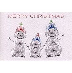 a christmas card with three snowmen and the words merry christmas written in red, white, and blue