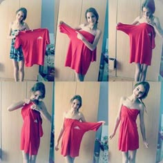 four pictures of a woman in a red dress with her hands on her hips and holding up a shirt