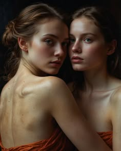 two beautiful women in orange dresses posing for the camera