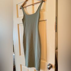 Zara Sage Green Tank Dress. Love This Dress Too Tight On Me. Brand New Without Tags Summer Bodycon Mid-length Mini Dress, Casual Solid Color Bodycon Dress For Brunch, Fitted Khaki Mini Dress For Spring, Fitted Casual Khaki Dress, Casual Fitted Khaki Dress, Casual Bodycon Dress With Scoop Neck, Spring Scoop Neck Dress For Date Night, Scoop Neck Dresses For Spring Date Night, Casual Midi Length Bodycon Dress For Brunch