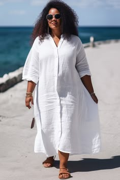 Xpluswear Design Plus Size White Beach Single Breasted Long Sleeve Shirtdress Linen Midi Dress Linen Dresses Plus Size Summer, White Party Dresses For Women, Plus Size Linen Outfits, Over 60 Fashion Summer, Plus Size Travel Outfits, Plus Size Summer Outfits Big Stomach, Plus Size Beach Outfits, Cruise Fits, Plain Midi Dress