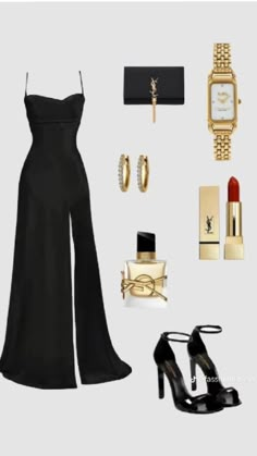 a woman's outfit and accessories including high heel shoes, watch, lipstick, bracelets