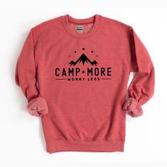 Looking for a cute versatile top to wear this summer? Make sure to grab one of our Camp More Worry Less Mountains Sweatshirts! This soft and comfortable shirt is the perfect top for any outfit. It can be paired with biker shorts, Jeans, or the classic stay at home sweats! The bright color adds a pop of summer to any outfit. This sweatshirt is true-to-size, so be sure to order your regular size! If you are looking for a more oversized look, make sure to size up. Spring Crew Neck Tops For Outdoor Activities, Crew Neck Tops For Outdoor Activities In Spring, Casual Sweatshirt With Screen Print For Outdoor Activities, Sporty Red Tops For Outdoor Activities, Spring Cotton Tops For Outdoor Activities, Cotton Tops For Outdoor Spring Activities, Casual Crew Neck Top For Outdoor Activities, Casual Pink Sweatshirt For Outdoor, Red Crew Neck Sweatshirt For Outdoor