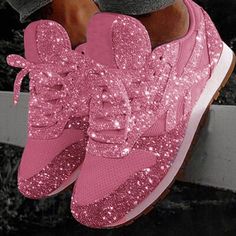 Women's Flats With Lace-up Dance Shoes (053252423) - JJ's House Glitter Tennis Shoes, White Platform Sneakers, Rubber Sneakers, Casual Slip On Shoes, Sparkly Shoes, Mesh Heels, Flats Outfit, Bling Shoes, Glitter Sneakers