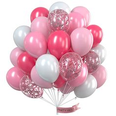 a bunch of pink and white balloons are in the air