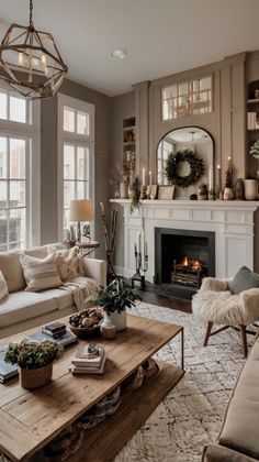 a living room filled with furniture and a fire place in front of a large window