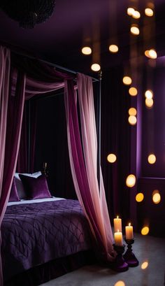 a bedroom with purple curtains and lights hanging from the ceiling