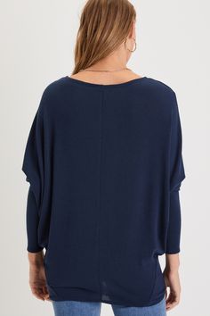 Hit up your fave cafe in the Lulus Basics Verla Navy Blue Dolman Sleeve Sweater Top! This essential, everyday top will be your new go-to thanks to its soft, lightweight knit construction, and its cozy-yet-chic slouchy fit. Long, dolman sleeves and a rounded neck finish off the laid-back look. Pair with jeans and some cute booties! Fit: This garment fits true to size. Length: Size medium measures 27.75" from shoulder to hem. Bust: Great for any cup size. Waist: Not Fitted - comfortable room throu One Size Knit Tops For Layering, Comfortable Long Sleeve Soft Knit Tops, Versatile Stretch Soft Knit Top, Cozy Stretch Tops For Layering, Casual Soft Knit Tops With Relaxed Fit, Casual Soft Knit Tops For Everyday, Casual Cozy Fit Tops For Layering, Comfortable Stretch Soft Knit Tops, One Size Soft Knit Crew Neck Tops