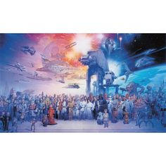 a large group of people standing in front of a star wars scene