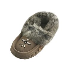 Description Details Sizing Product Video Everything you could want in a rabbit fur trimmed moccasin slipper. These women's Native style moccasin slippers are crafted in Canada by Laurentian Chief from genuine suede leather in a charcoal gray color. They have a warm fleece lining in the interior for luxurious comfort.These ladies real rabbit fur slippers have a suede sole perfect for indoor use and a beautiful hand-beaded design on the vamp. They have a real rabbit fur trim for style in a matchin Fringe Moccasin Boots, Moccasin Slipper, Fringe Moccasins, Soft Sole Slippers, Beaded Moccasins, Moccasin Shoes, Moccasin Slippers, Sheepskin Slippers, Suede Moccasins