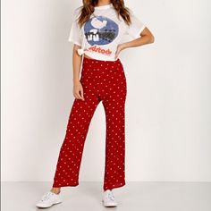 The Flynn Skye Parker Pant Is A Tailored Cropped Wide Leg Pant Featuring A Side Zip Closure In A Mini Dot Pattern. High Waisted Trousers. Dipping Dots Pattern. Stretch Red Bottoms For Day Out, Trendy Red Pants For Day Out, Red Wide Leg Pants For Day Out, Dipping Dots, Wide Leg Pant, High Waisted Trousers, Dots Pattern, Cool Kids, Side Zip