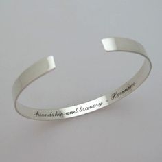 Personalized Sterling silver bracelet for her, Christmas gift. Custom skinny cuff Bracelet in Sterling Silver for women. Engraved quote cuff bracelet for women, Birthday gift for her. Elegant and delicate jewelry piece, fine silver bangle bracelet. A gift to melt one's heart, Personalized cuff bracelet. Order the romantic piece to complement your collection or to make an unforgettable gift. You may be sure, such a gift will make a day! The silver bangle bracelet is polished to a shiny finish. To Engraved Cuff Bracelets For Anniversary, Elegant Stamped Cuff Bracelet Gift, Elegant Bangle Bracelet For Best Friend Gift, Sterling Silver Cuff Bracelets For Anniversary, Anniversary Sterling Silver Cuff Bracelets, Adjustable Cuff Bracelet With Engraving Option, Adjustable Engraving Option Cuff Bracelet, Elegant Hand Stamped Cuff Bangle, Silver Bracelet With Engraving Option For Friendship