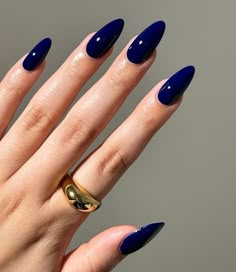 Dark Blue Nails Almond Shape, Deep Royal Blue Nails, Deep Blue Nails Acrylic, Glossy Blue Nails, Nail Royal Blue, Dark Royal Blue Nails, Blue Acrylic Nails Almond, Long Blue Acrylic Nails, Royal Blue Almond Nails