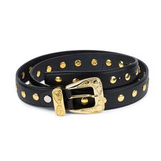 "Buy Gold Studded Belt - Black Gold Studded Belt - Studded Leather Belt - Womens Studded Belt - Gold Buckle Black Belt - Punk Belt - Goth belt BELT SIZE: Choose from drop down menu above BELT HEIGHT: 1 1/8\" | 3.0 cm LEATHER: Genuine Italian leather COLOR: Black BUCKLE: Metal, yellow gold color RIVETS: Gold color CONDITION: New INCLUDED: Dust bag Removable belt buckle, so you use your favorite buckle with the belt. ALL BELTS ARE MEASURED FROM THE LEATHER PART'S END TO THE MIDDLE HOLE. DISCOVER A Gold Studded Belt, Adjustable Festival Belts With Rivets, Clawdeen Costume, Goth Belt, Inner Monster, Punk Belt, Belt Gold Buckle, Trio Halloween Costumes, Cowboy Belt