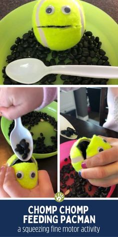 a collage of photos showing how to make a stuffed toy tennis ball with the words chomp chopp feeding pacman