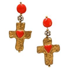 Collector vintage Christian Lacroix pendants Condition: good Made in France Material : gold-plated metal Colour: gold, red Dimensions: 9 x 4 cm Stamp : yes Year : Summer 1994 Details : pendants with a cross with a red heart in the center and a pearl encrusted with brilliants Christian Lacroix Jewelry, Club Tropicana, Weird Jewelry, Chanel Couture, Earrings For Sale, Earrings Diy, Chanel Vintage, Vintage Clip, Christian Lacroix