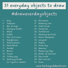 a list with the words 31 everyday objects to draw