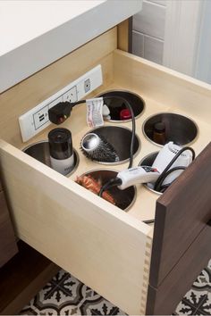 Docking Drawer steel canisters inside of a bathroom vanity drawer holding electrical items. Vanity Styling, Docking Drawer, Luxury Closets Design, Beach Ideas, Bathroom Design Decor, Beach Hacks, Bathroom Inspiration Decor, Dressing Room Design