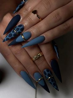 2025 Stilleto Nails, French Tips Pointy Nails, Studs On Nails, Navy Leopard Print Nails, Beyonce Nails Designs, Teal New Years Nails, Teal And Burgundy Nails, January Nail Color Ideas, Black Leaf Nails