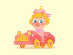 a cartoon girl driving a pink toy car