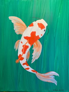 an acrylic painting of a koi fish swimming in the water with green background