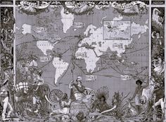 an old world map with people and animals around the world in black and white colors