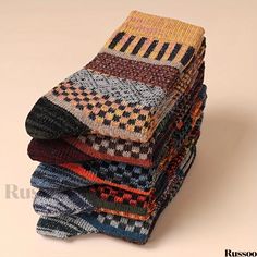 Russoo - Mens Casual Vintage Ethnic Style Blend Knit Socks - Set of 5 Pairs: Thick, Soft, and Warm Crew Socks with Breathable, Sweat-Absorbent Comfort, Ideal for Autumn and Winter Wear Casual Multicolor Fall Socks, Casual Multicolor Winter Patterns, Casual Warm Multicolor Socks, Comfortable Warm Multicolor Socks, Casual Multicolor Fair Isle Pattern, Warm Multicolor Socks For Winter, Casual Multicolor Knitted Socks, Casual Multicolor One-size Socks, Casual Multicolor One Size Socks