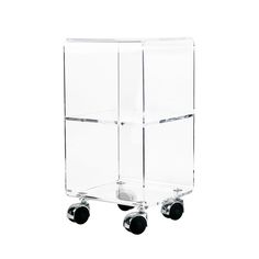 a clear plastic cart with wheels on the front and back sides, for storing items