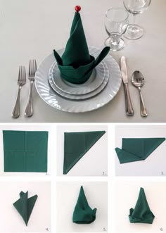 the instructions for how to fold an origami christmas tree napkin on a plate