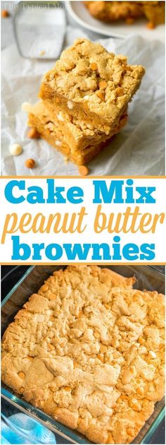 cake mix peanut butter brownies are stacked on top of each other and ready to be eaten