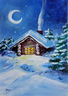 a painting of a cabin in the snow with a full moon and stars above it