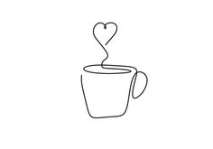 a line drawing of a coffee cup with a heart on the top and handle in the middle